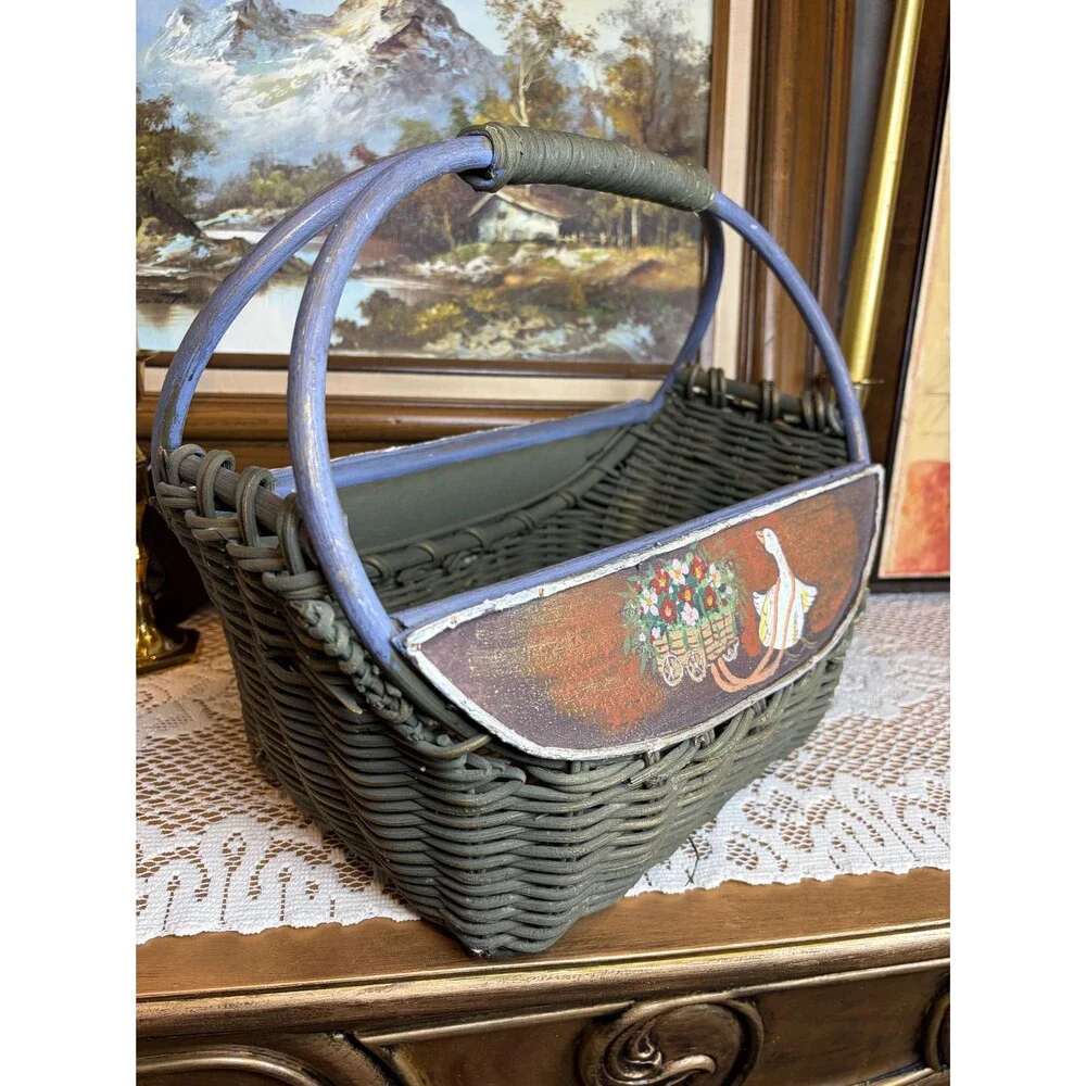Vintage Hand Painted Goose Flower Cart Wicker Basket Country Cottagecore Decor